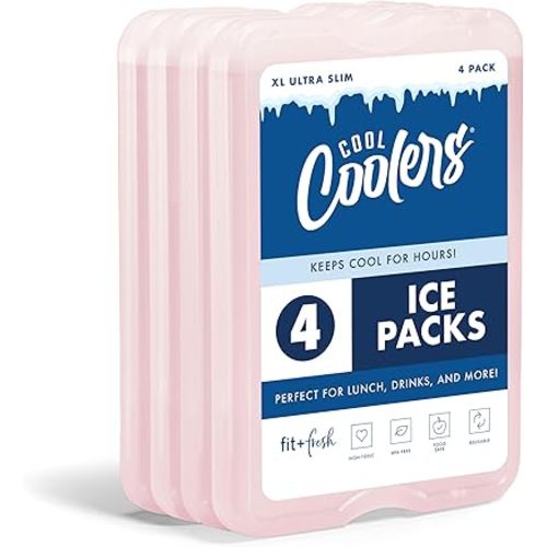 Cool Coolers by Fit & Fresh XL Slim Ice Packs, Quick Freeze Reusable Ice Packs for Lunch Boxes & Coolers, Long-Lasting, Space Saving Cooler Ice Packs, Light Pink, 4Pk