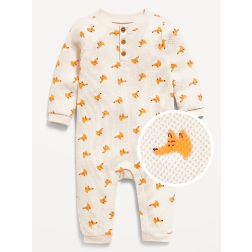 Printed Long-Sleeve Thermal-Knit Henley One-Piece for Baby