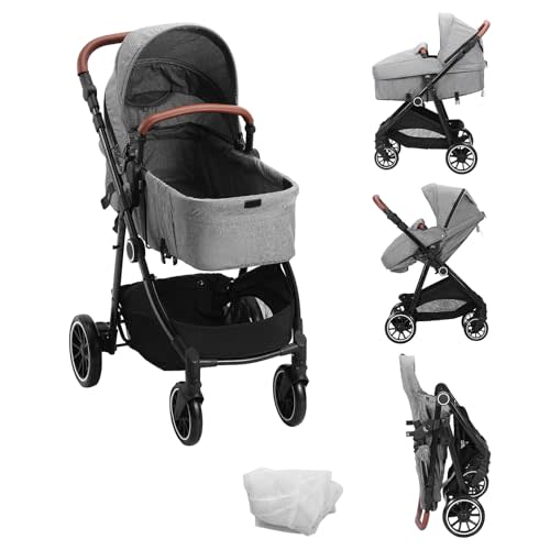 VEVOR Standard Baby Stroller, Infant Toddler Stroller with Bassinet, 3rd-Gear Adjustable Backrest & Foldable & Reversible Seat, Carbon Steel Newborn Stroller with Leg Cover and Mesh Net, Black