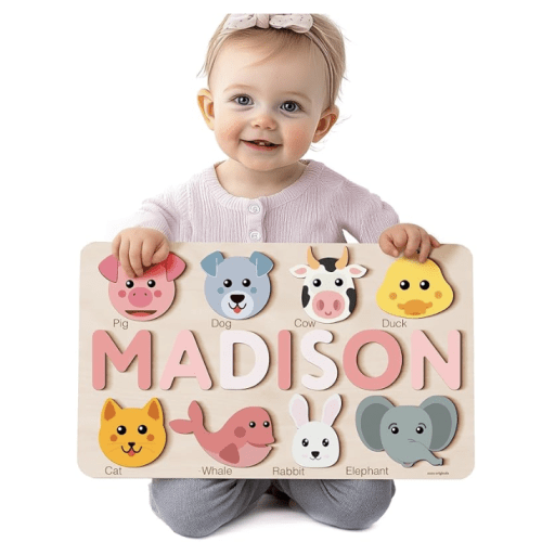 Personalize Name Puzzle for Toddlers with Animals, Baby Gift for Girls and Boys 0 1 2 3 Year Old, Personalized Puzzle for Kids, 1 Year Old Girl and Boy Kid Gifts, Customized Baby Gift, Montessori Educational Name Toy, Wood Puzzle 1-3