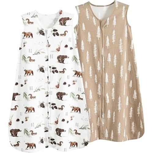 david's kids 100% Organic Cotton Baby Sleep Sack 12-18 Months, Ultra Soft Baby Wearable Blankets with 2-Way Zipper, 2 Pack Comfy Toddler Sleeping Bags for Boys Girls Neutral, Large Size, Woodland