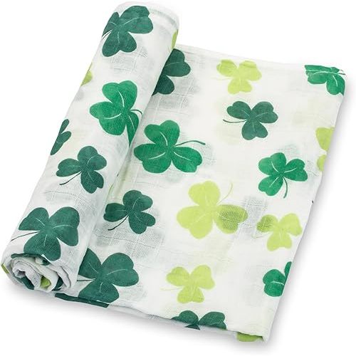 LollyBanks Swaddle Blanket, 100% Cotton Muslin Swaddle Blankets, Neutral Swaddle Blanket 47 x 47 Inches, Baby Blanket for Boys and Girls, Baby Essentials, Registry (Shamrock Print)