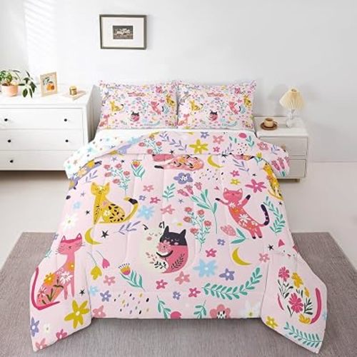 Feelyou Kids Cute Cat Comforter Set Toddler Size Cats Print Bedding Set