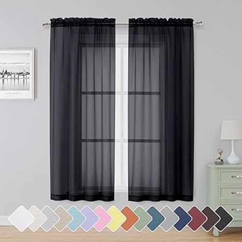 Simplebrand Black Sheer Curtains 63 Inch Length 2 Panels, Rod Pocket Solid Color Window Sheer Curtain Panels, Elegant Curtains & Drapes for Living Room, Bedroom 2 Panels (Black, 42" W x 63" L)