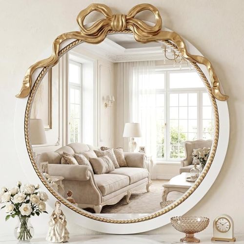 Bow Mirror, White Vintage Round Mirror with Rope Texture 24"
