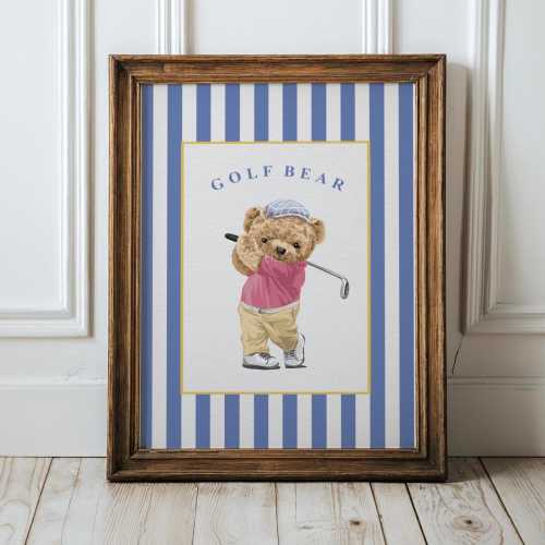 Polo Ralph Lauren Bear Style Golf Print Nursery Art Kids Room Decor Dormroom Poster Vintage Watercolor Painting Gift Idea For Golf Lover