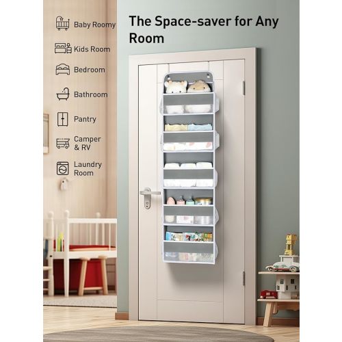 Yecaye 1 Pc Over The Door Organizer with 5 Bins 10 Side Pockets, 44lbs Load Hanging Bathroom Organizer, No Tilt Closet Organizers and Storage for Bedroom, Baby Organizer for Extra Storage, Grey - 5-Tier