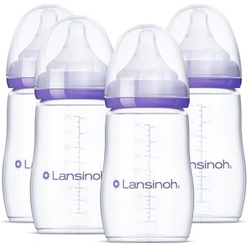 Lansinoh Anti-Colic Baby Bottles for Breastfeeding Babies, 8 Ounces, 4 Count, Includes 4 Medium Flow Nipples, Size M