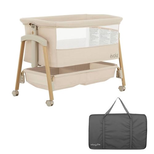 Evolur Lullaby Bedside Bassinet with Wheels, Seven Adjustable Heights, Breathable Mesh Sides Baby Bassinet, Large Storage Basket, Easy to Fold and Carry Travel Bassinet - Travel Bag Included