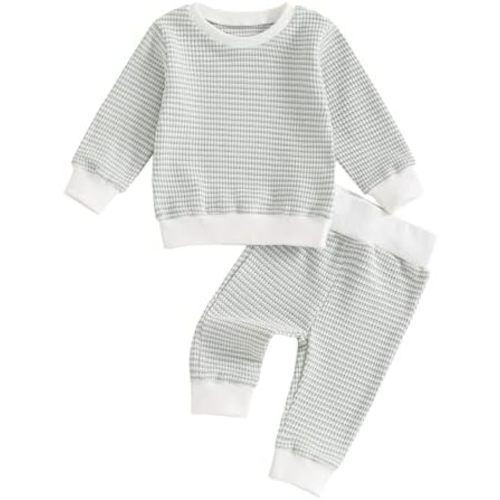 Baby Boy Fall Clothes Long Sleeve Toddler Boy Waffle Sweatshirt Pullover Tops Pants Infant Fall Winter Outfits