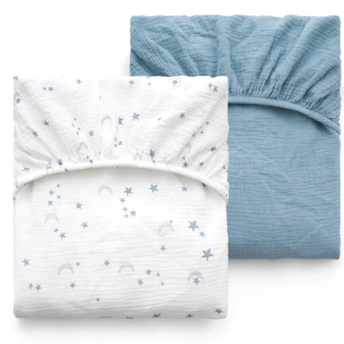 Momcozy Muslin Standard Fitted Crib Sheets, 52"x28", 2 Pack Soft Breathable Natural Cotton Baby Mattress Sheet, 360° Mattress Wrapping No Slip Boys Girls Neutral Toddler Bed Sheet, Blue Star Moon