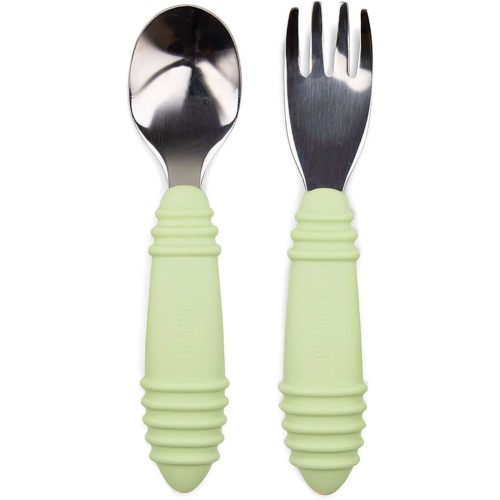 Bumkins Toddler Utensils, Kids Size Fork and Spoon Set, Silicone and Stainless-Steel Training Silverware, Angled Forks / Sporks for Self-Feeding, Children Hold Learning to Eat, 18 Mos Up, Sage Green