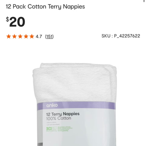 12 Pack Cotton Terry Nappies