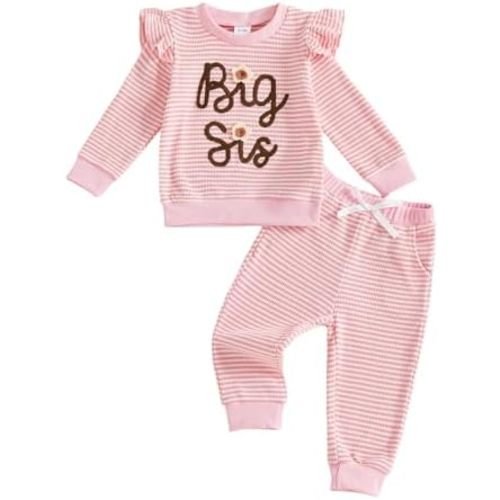 Gaono Toddler Baby Girl Fall Clothes Big Sister Little Sister Macthing Outfits Shirt And Pants Striped Waffle Knit Set