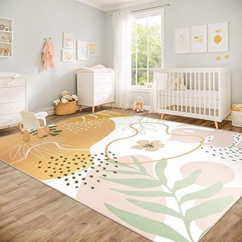 Capslpad Area Rugs 8x10, Washable Nursery Rug, Low Pile Soft Non-Shedding Playroom Carpet, Botanical Print Yellow Rugs for Bedroom, Classroom, Living Room