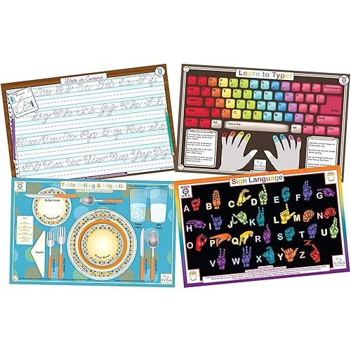 Tot Talk Life Skills Educational Placemat 4-Pack for Kids – Made in USA – Table Setting & Etiquette, Learn to Type, Cursive Writing, & Sign Language – Durable, Double-Sided, Waterproof, Wipeable Mats