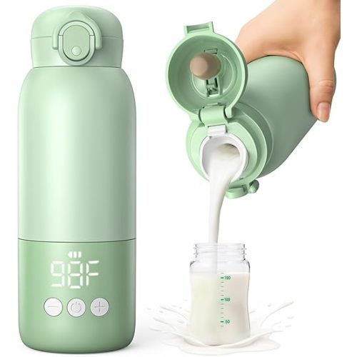 Portable Bottle Warmer for Travel 12oz– 80W Fast Heating, 316 Stainless Steel, 11400mAh Rechargeable Precise Temp Control & LED Display Safety Lock Cordless Travel Warmer for Baby Breastmilk & Formula
