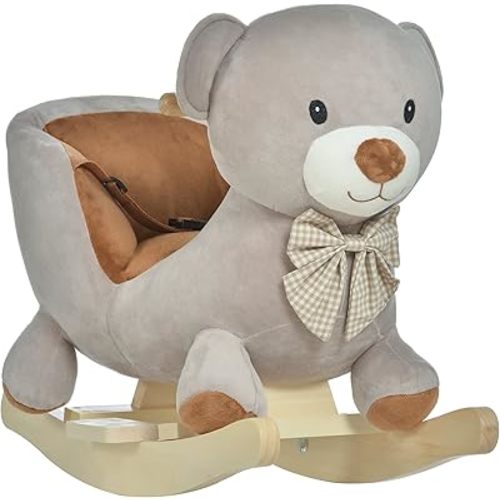 Qaba Kids Rocking Horse, Bear-Shaped Plush Toddler Ride on Horse with Sound, Wooden Base & Safety Belt for 18-36 Months, Gray