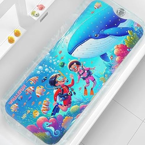 XIYUNTE Baby Bath Mat for Tub Non Slip, 40''x16'' Extra Long Bathtub Mat Non Slip Kids Bath Mat, Safety Kids Bath Tub Mat with Suction Cups and Drain Holes, Machine Washable, Whalefun