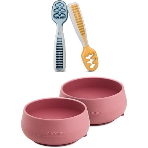 Bundle of 2!!! NumNum Baby Spoons for Kids Aged 6+ Months - First Stage, Baby Led Weaning (BLW) + Suction Bowls for Babies & Toddlers 4 months+, 2 Baby Bowls (Mauve)