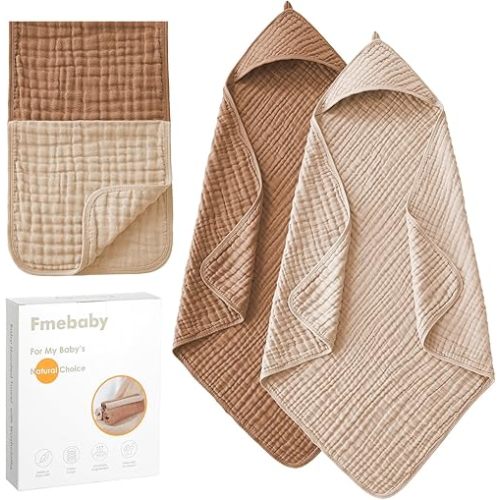 Fmebaby 2 Pack Muslin Hooded Baby Bath Towels and 2 Pack WashCloth Set, 36x36 Inch Soft Cotton Bath Towel Baby Wipes Absorbent Bath Face Towels Burp Cloths Face Towels for Girl Boy(Coffee and Apricot)