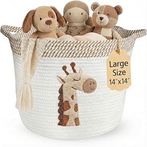 Giraffe Storage Basket for Nursery, Large Blanket Baskets for Living Room Decor for Kids, Cotton Rope Bin with Soft Felt Animal Patch, Toys Organizer Clothes Hamper with Embroidery Decor for Laundry