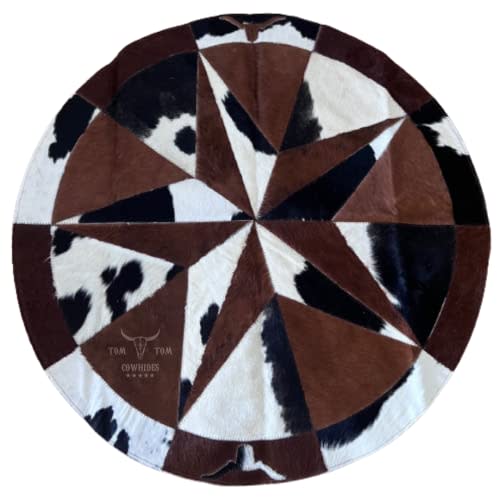TOM TOM COWHIDES Cowhide Rug, Brown Bull, Leather, Star Patchwork Round Area 40", for Decorating Bedrooms, Dining Rooms, and Living Rooms