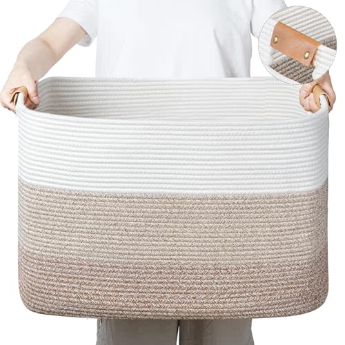 danpinera Large Blanket Basket, Rectangle Toy Storage Basket for Living Room, Nursery & Laundry, Large Cotton Rope Basket with Leather Handle, 22’’*17’’*11.8’’, 72L, Gradient Brown