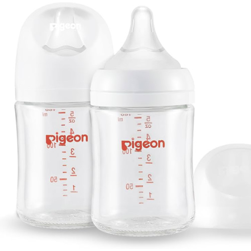 Pigeon Glass Nursing Bottle Wide Neck, Anti-Colic, Streamlined Body, Natural Feel, Easy to Clean, Heat-Resistant, 5.4 Oz(Pack of 2), Includes 2pcs SS Nipples (0m+)