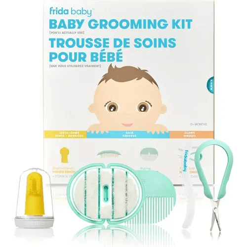 Frida Baby Grooming Kit | Baby Essentials Gift Set Includes Finger Brush with Storage Stand, Hair Brush with Case, Styling Hair Comb, Easy Grip Nail Scissors with Nail File and Case