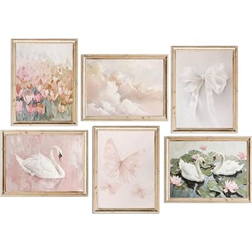 6Pcs Coquette Wall Art Pastel Pink Trendy Canvas Bow Posters White Swan Preppy Painting Butterfly Pictures Aesthetic Floral Prints Nursery Wall Decor for Teen Girls Bedroom College Dorm Unframed