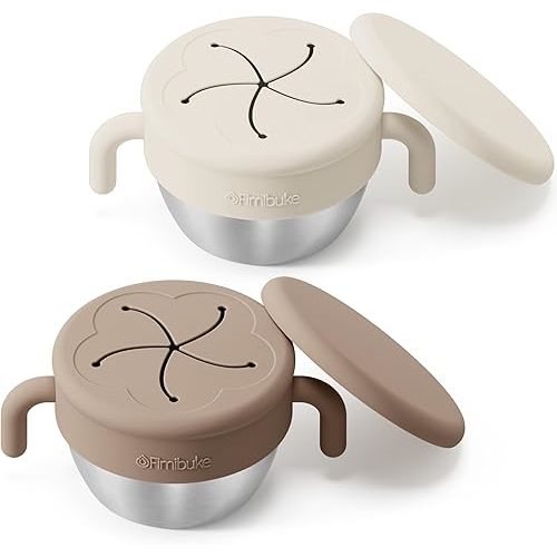 Fimibuke Snack Containers for Toddlers Kids, 12 OZ Spill Proof Stainless Steel Baby Snack Cups with Removable Silicone Food Catcher, Handles & Travel Lid BPA-Free Dishwasher Safe Food Container 2 Pack