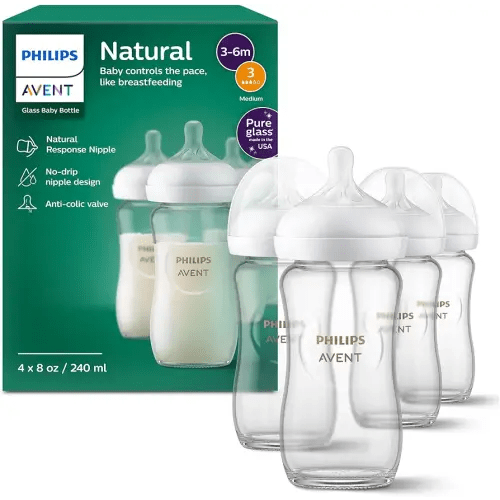 Philips Avent Natural Glass Baby Bottles with Natural Response Nipples (Medium Flow, Flow 3), 8oz, 4-Pack, SCY913/04