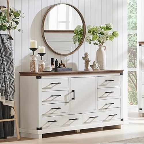 Farmhouse 8 Drawer Dresser for Bedroom with Adjustable Shelf, Wood Long Chest of Drawers with Thick Plank Styling, Rustic Large Closet Dresser for Bedroom, Living Room, Antique White