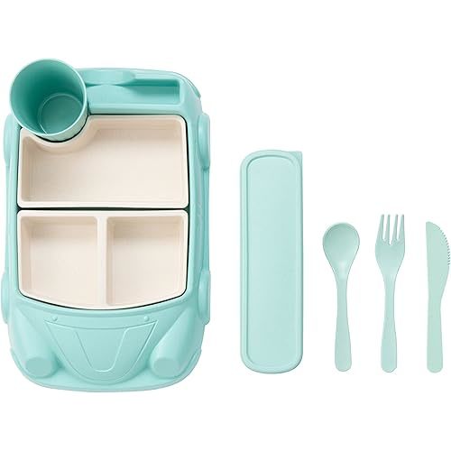 Car Plate 8Pcs/Set Bamboo Children Dinnerware Sets - Dishwasher/Microwave Safe Includes Cutlery, Beautiful Plate, Separable Bowls & Cup Happy MealTime, Light Green, YK-001