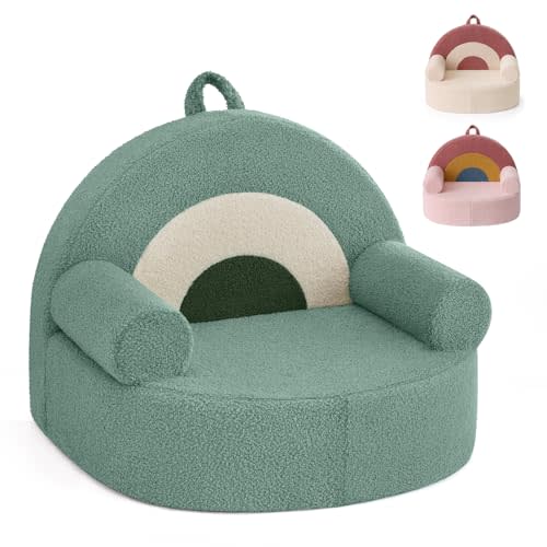 Blissful Diary Toddler Chair Comfy, Foam Kids Chair with Soft Teddy Plush, Toddler Reading Armchair with Cute Rainbow Designs- Sage Green