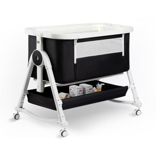 4 in 1 Baby Bassinets Bedside Sleeper with Wheels and Storage Basket, Adjustable 7 Heights Bedside Sleeper with Musquito Net, Breathable Mesh Rocking Bassinet for Baby/Newborn