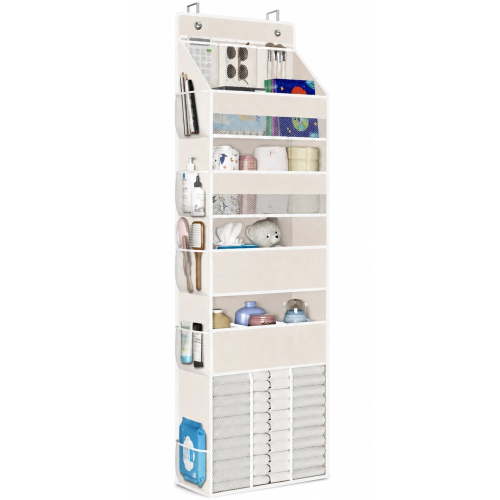 5-Tier Over The Door Beige Hanging Organizer With Multi-Pockets For Diapers, Clothes And Skincare