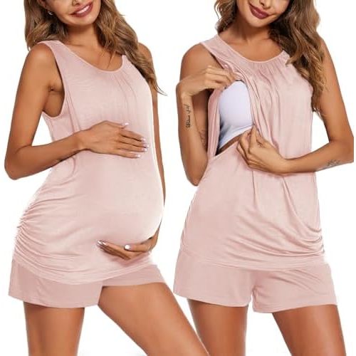 Ekouaer Women Maternity Nursing Pajama Set Breastfeeding Double Layer Pregnancy Pjs Set Sleeveless Top & Shorts with Pockets