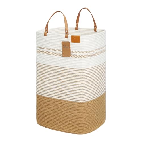 danpinera Large Laundry Hamper – 75L Tall Woven Cotton Storage Basket with Leather Handles, Slim Dirty Clothes Hamper, Decorative Storage Basket for Blanket,Toys White & Jute