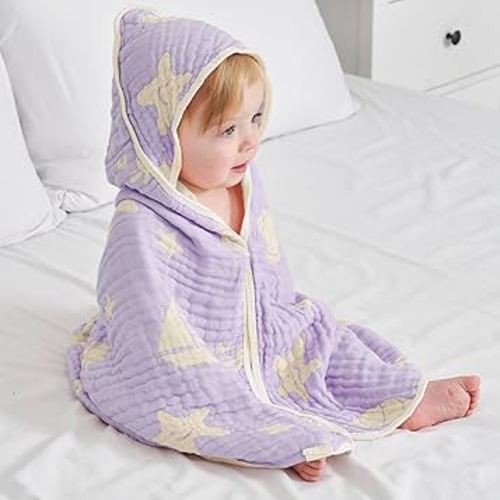 Ultra-Soft Muslin Baby Hooded Towel - 32 x 32 Inches, Crafted from Bamboo Viscose, Ideal for Bath & Beach, Suitable for Both Boys & Girls from Newborns to Toddlers