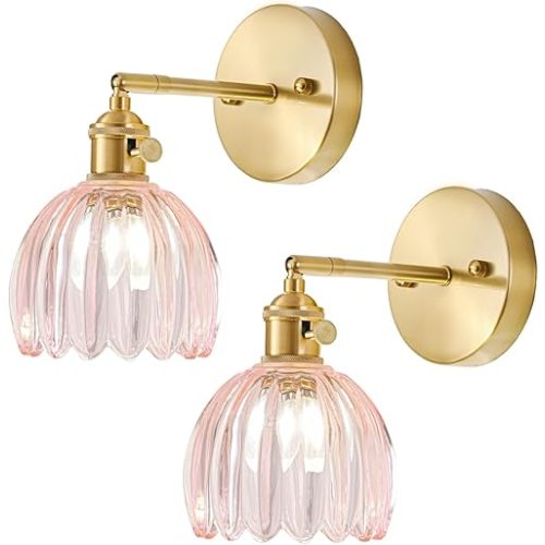 Wall Sconces Set of Two Hardwired, Vintage Sconce Light with Tulip Pink Glass Lampshade, Bathroom Wall Lights with Switch, Gold Wall Light Sconces Wall Decor Set of 2