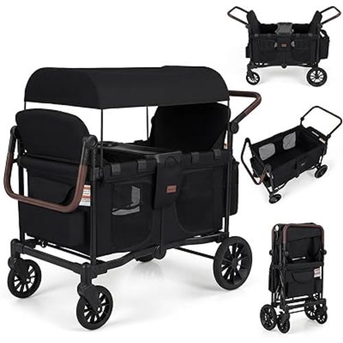 INFANS 4 Seater Wagon Stroller, All-Terrain Foldable Wagon for 4 Kids with Adjustable Push Pull Handles, 5-Point Harness, Detachable Seats, Snack Tray, Insulated Organizer, Removable Canopy (Black)