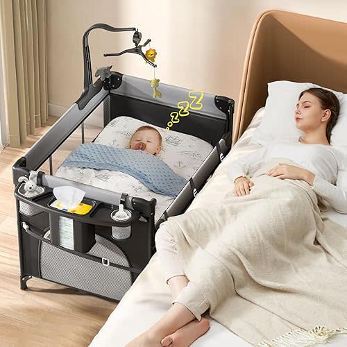 Baby Portable Playard, 5 in 1 Foldable Bedside Bassinet Baby Crib with Removable Changing Table and Organizer, Adjustable Height Playpen for Newborn Baby & Toddler Black+Grey