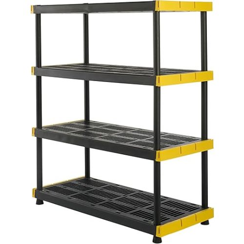 CX Black & Yellow®, 4-Tier Heavy Duty Plastic Storage Shelving Unit, 200lbs/shelf (55”H x 48”W x 20”D), for Indoor/Outdoor Organization, Modular Rack