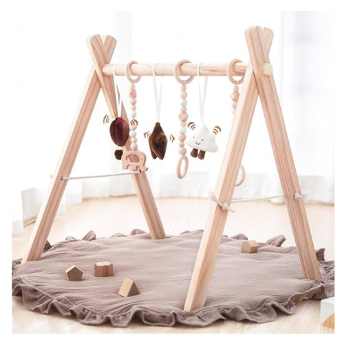 Razee Wooden Baby Play Gym Play Mat, Foldable Baby Gym with 6 Hanging Sensory Toys for Newborn Shower Gift