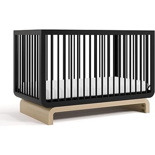 Storkcraft Santorini Deluxe 5-in-1 Convertible Crib with Bonus Toddler Guardrail (Black with Driftwood) – GREENGUARD Gold Certified, Toddler Guardrail Included in Box, Fits Standard Crib Mattress