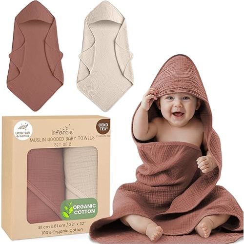 Organic Cotton Muslin Baby Hooded Towels - 32x32 Inch, 2 Pack Newborn Bath Towels for Boys & Girls, Soft & Absorbent Bath Set (Rust/Ivory)