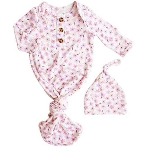 Caden Lane Newborn Knotted Gown with Hat, Soft Bamboo Viscose Baby Sleep Sack, Unisex Infant Nightgown, Breathable Sleepwear
