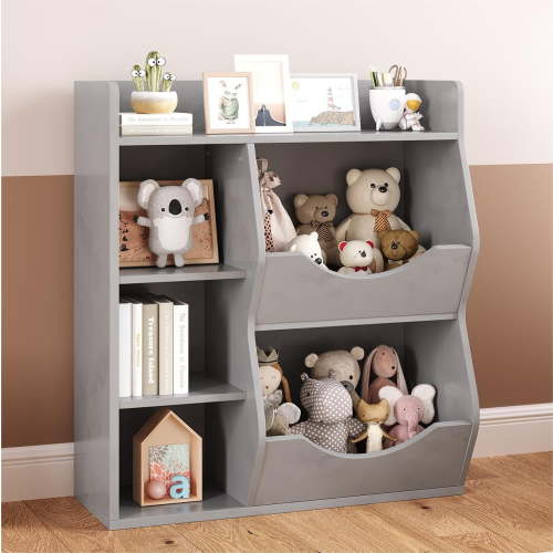 Kids 3-Tier Toy Storage Organizer Kids Bookshelf Double Side Toy Shelf White/Retro/Grey- 5 Compartment Bookshelf & Toy Shelf for Kids' Room, Bedroom, Living Room, and Kindergarten - for Toys and Books
